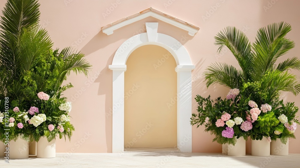 Fototapeta premium Elegant Spanish church courtyard decorated with palm branches and flowers ready for Easter Sunday Mass with parishioners gathering 
