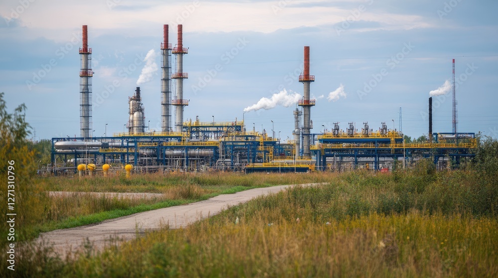 A natural gas processing plant with multiple interconnected pipelines