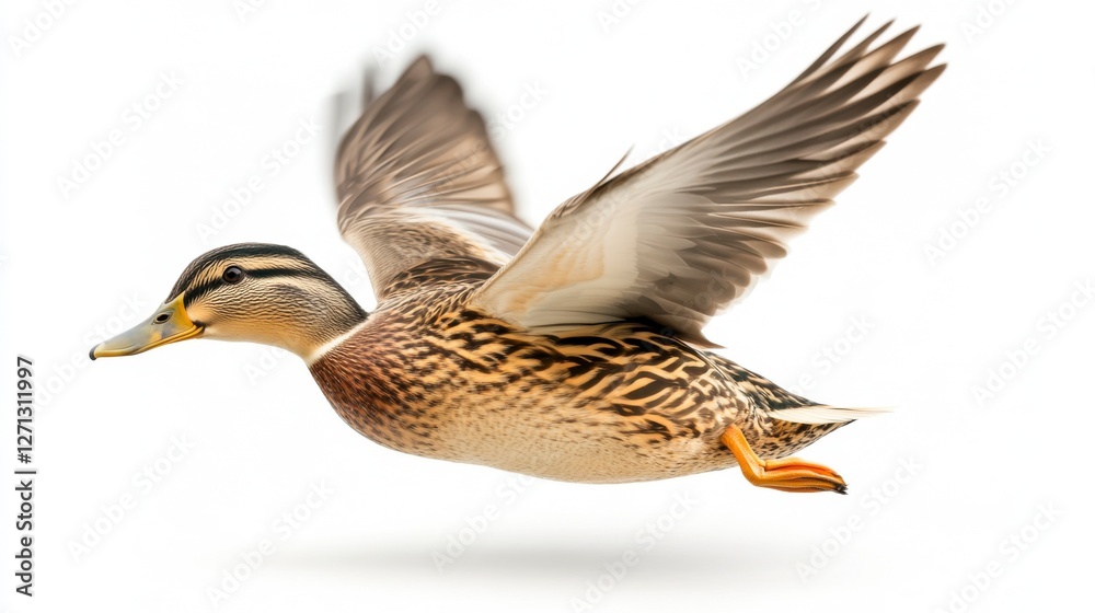 Obraz premium Brown and Tan Duck in Flight Against White Background