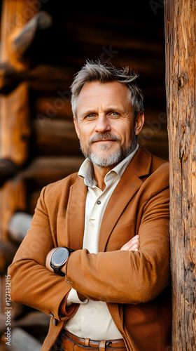 Confident man, rustic cabin, autumn, arms crossed, portrait