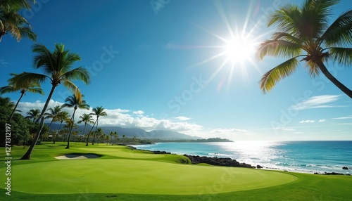 Fototapeta Naklejka Na Ścianę i Meble -  Scenic view of PGA TOUR golf course, palm trees, beach in Hawaii under blue sunny sky. Green golf course on tropical island near the ocean and rocky coast under the sun.