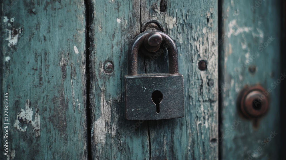 A rusted padlock secures an old, weathered wooden door, evoking nostalgia and mystery. A rusted padlock secures an old, weathered wooden door, evoking nostalgia and mystery.