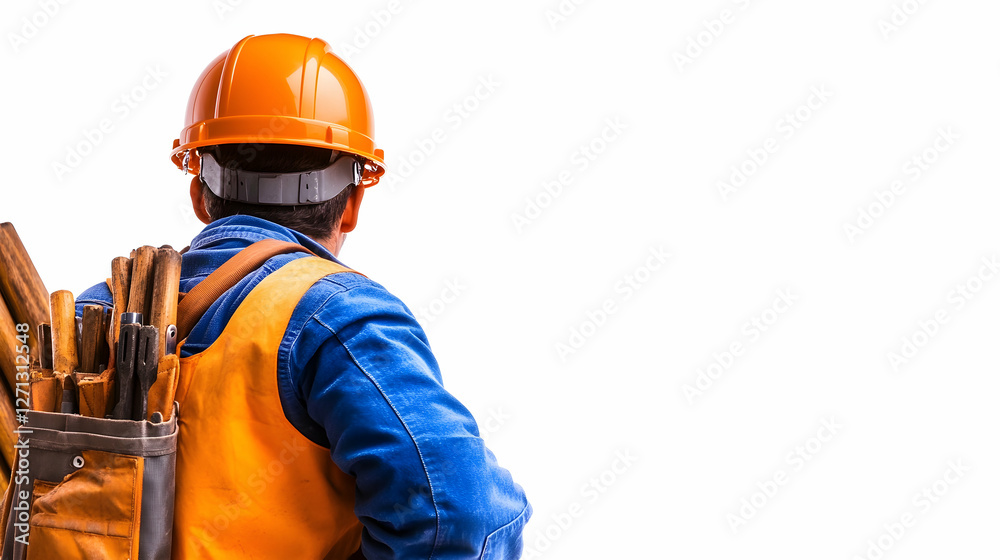 Construction worker, tools, site, white background, safety Construction worker, tools, site, white background, safety