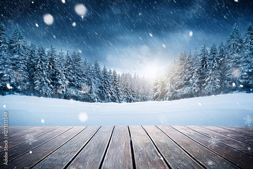 Wooden floor or plank in  dark forest with lights and snowy. Royalty high-quality free best stock of A serene winter landscape with falling snow on pine tree and evergreen trees under a starry sky
