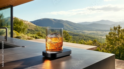 Refreshing Glass of Whiskey on Modern Bar Counter with Scenic Mountain Landscape in Background and Clear Sky for Relaxation and Enjoyment