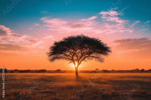 Fototapeta Naklejka Na Ścianę i Meble -  Majestic acacia tree standing alone in the African savanna at sunset, creating a picturesque landscape