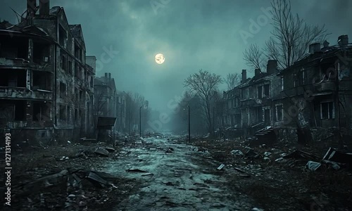 Abandoned urban landscape at night with a full moon illuminating dilapidated buildings