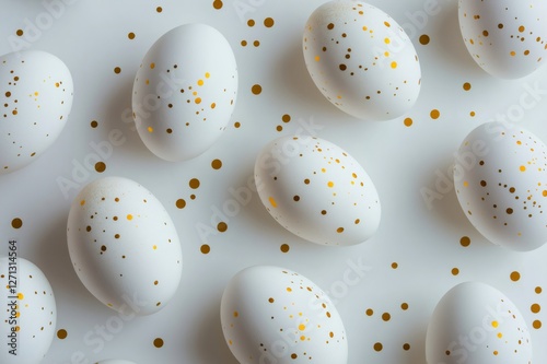 Minimalist composition of white eggs decorated with golden dots and confetti on a white background, perfect for Easter projects photo