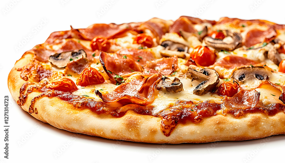 Delicious ham, mushroom & tomato pizza. Food photography for menus Delicious ham, mushroom & tomato pizza. Food photography for menus
