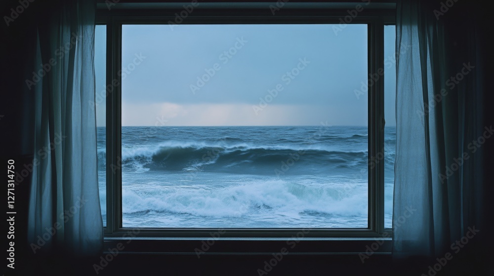 Fototapeta premium Ocean waves crash against a window view, blurring the boundary between outside and in, inviting tranquility and depth.