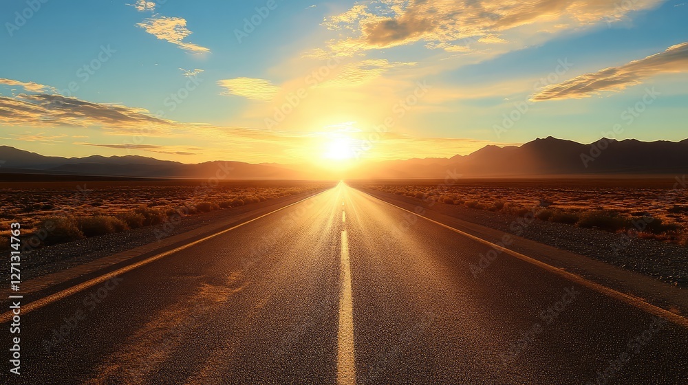 Fototapeta premium Straight highway through a vast desert landscape, with dry sand and mountains in the distance under a golden sunset.