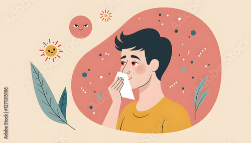 Illustrated man with a runny nose suffering from sun allergies