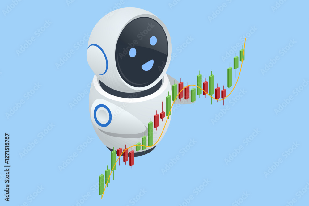 Fototapeta premium An isometric vector illustration of an AI trading robot analyzing stock market charts, surrounded by floating currency symbols. AI trading, algorithmic trading