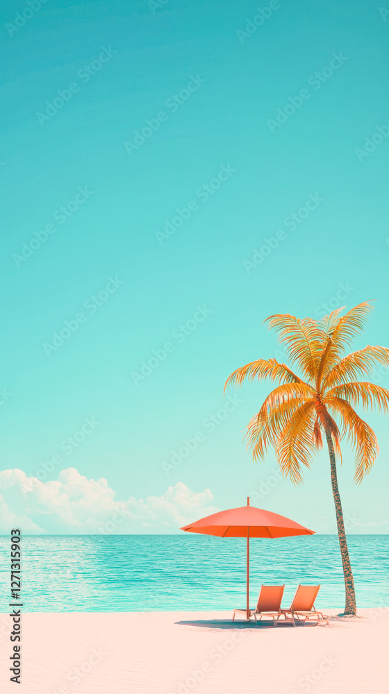 Serene tropical beach with palm and umbrella under clear blue sky Serene tropical beach with palm and umbrella under clear blue sky