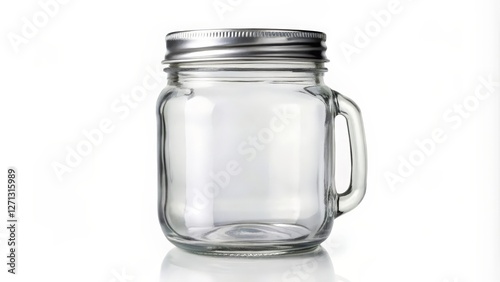 Glass Mason Jar with Metal Lid and Handle on White Background