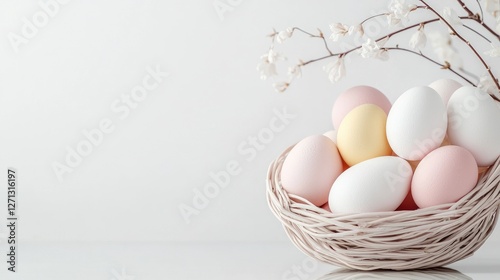 Pastel Easter eggs in nest, spring blossoms, white background; holiday card