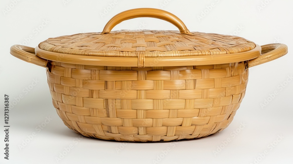 Obraz premium Woven bamboo basket with lid, studio shot, food storage, kitchen
