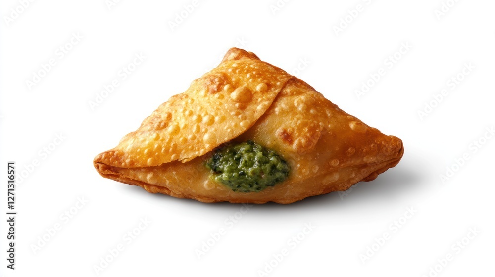 A photograph of a samosa with green chutney and raita, against a white background. A photograph of a samosa with green chutney and raita, against a white background.