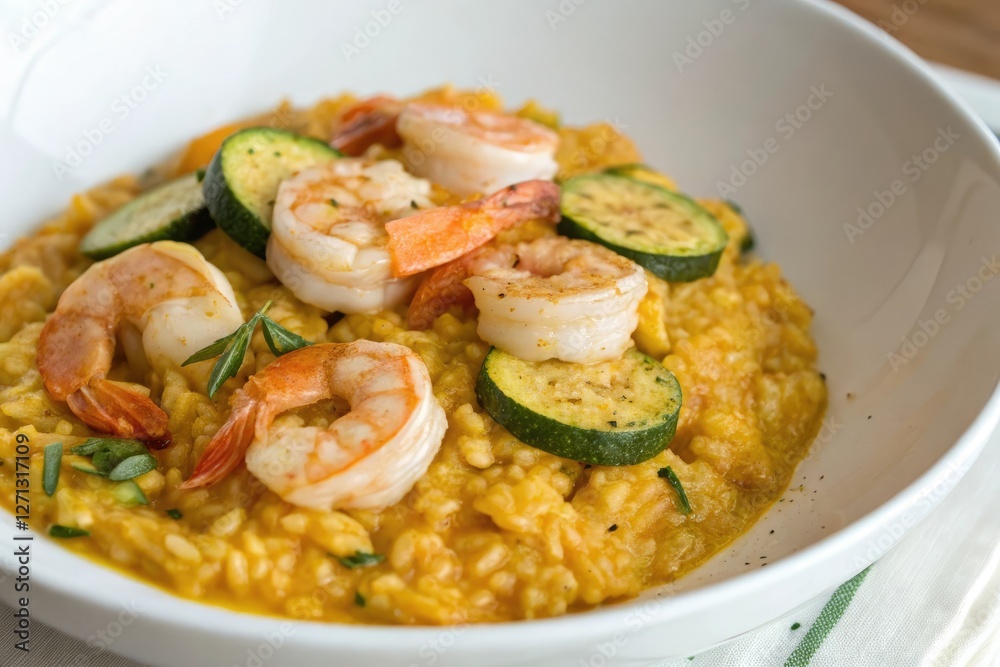 Close-up shot of shrimps and zucchini slices cooked in a flavorful yellow orange risotto, al dente pasta, orange, seafood ingredient, shrimps Close-up shot of shrimps and zucchini slices cooked in a flavorful yellow orange risotto, al dente pasta, orange, seafood ingredient, shrimps