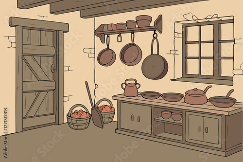  Rustic kitchen interior, vintage cookware, hanging pots and pans, wooden shelves, earthenware bowls, cast iron skillets, copper pots, weathered walls, warm lighting, antique cooking utensils, tradit