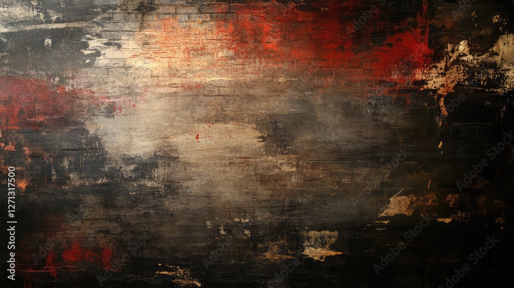 Obraz premium Urban grunge old brick wall background with darkened edges and peeling paint remnants, creating a rough city aesthetic.