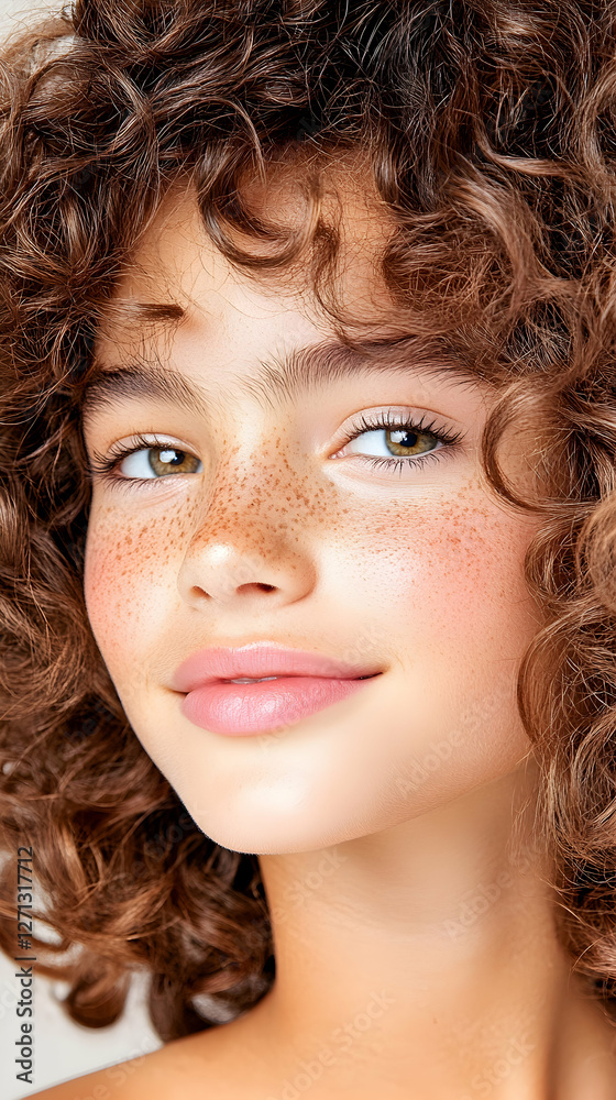 Fototapeta premium Freckled girl, curly hair, smiling, beauty portrait, studio backdrop