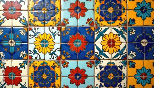 Close-up view of wall covered in colorful ceramic tiles arranged in traditional floral pattern. Geometric shapes, vibrant hues of blue, yellow, red, white. Home design, interior decor idea.