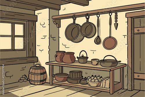  Rustic kitchen interior, vintage cookware, hanging pots and pans, wooden shelves, earthenware bowls, cast iron skillets, copper pots, weathered walls, warm lighting, antique cooking utensils, tradit