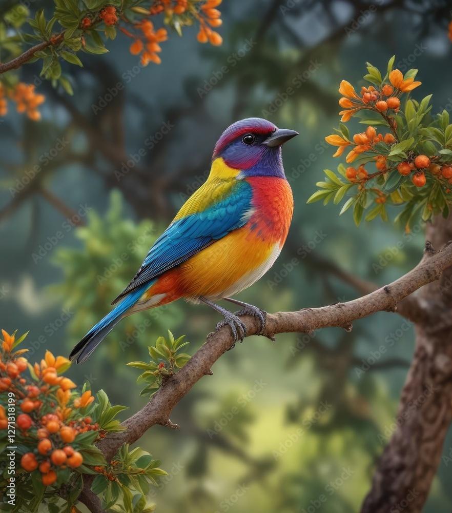 Fototapeta premium Colorful bird perched on Cambacica Coereba tree branch, bird perch, arboreal life