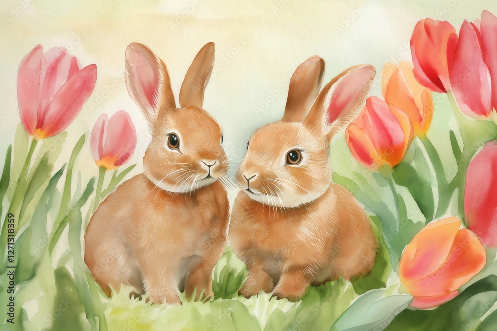 Obraz premium Watercolor painting of two bunnies sitting in a field of colorful tulips, perfect for Easter or spring themes