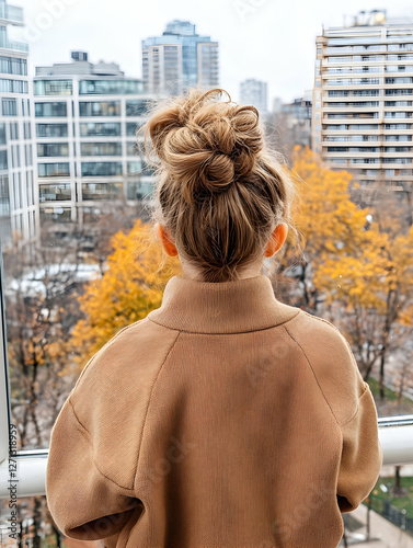 Girl gazing city autumn view balcony photo