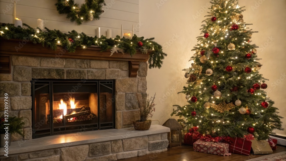 Cozy fireplace with a Christmas tree surrounded by twinkling lights and ornaments, holiday decorations, warm ambiance Cozy fireplace with a Christmas tree surrounded by twinkling lights and ornaments, holiday decorations, warm ambiance