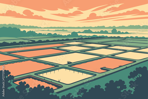  Aerial view, fish farm ponds, sunset landscape, reflective water surfaces, geometric patterns, agricultural industry, golden hour lighting, rural scenery, aquaculture, drone photography, misty atmos