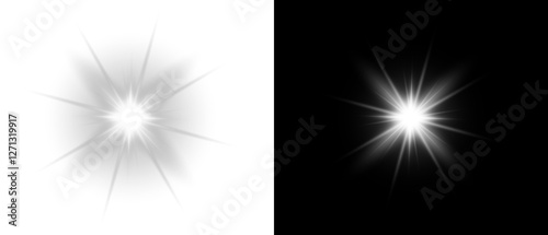 Yellow star flashed with sparkles sun isolated on white background. Soft glow without departing rays, sunlight with lens flare effect. PNG vector light effect