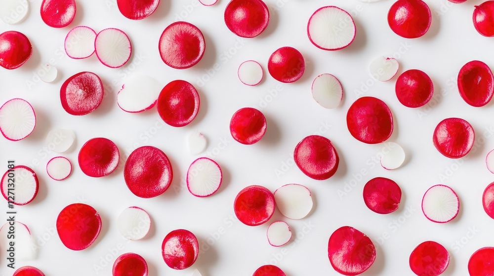 Whole and sliced radishes, with their vibrant red color contrasting against the white surface, creating negative space. Whole and sliced radishes, with their vibrant red color contrasting against the white surface, creating negative space.