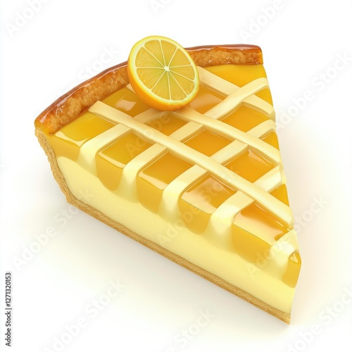 Delicious lemon pie slice with a creamy filling and decorative topping., on a white background. photo