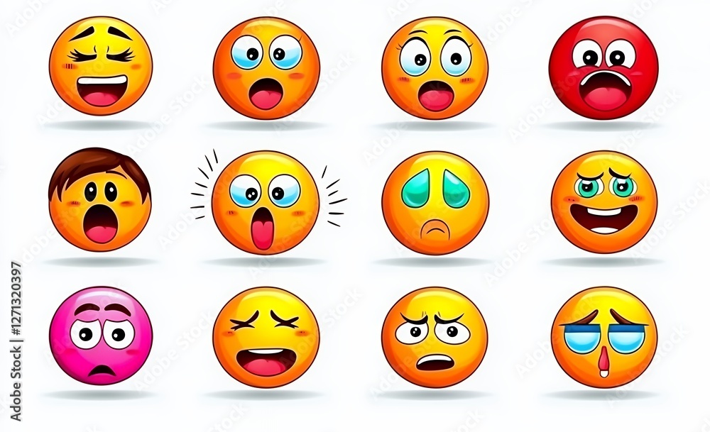 Fototapeta premium Collage of Colorful Emoticons Expressing Various Emotions on White Background