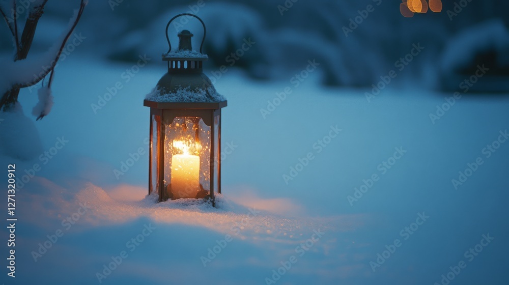 A glowing lantern nestled in deep white snow casts a warm, inviting light within a cold, serene winter landscape at dusk. A glowing lantern nestled in deep white snow casts a warm, inviting light within a cold, serene winter landscape at dusk.