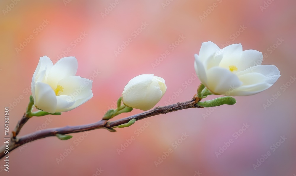 Delicate white magnolia blossoms on a branch against a soft pastel background in spring Delicate white magnolia blossoms on a branch against a soft pastel background in spring