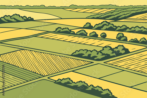  Aerial view, patchwork farmland, vibrant colors, geometric patterns, agricultural fields, green and gold crops, bird's eye perspective, rural landscape, abstract composition, textured land, diverse 