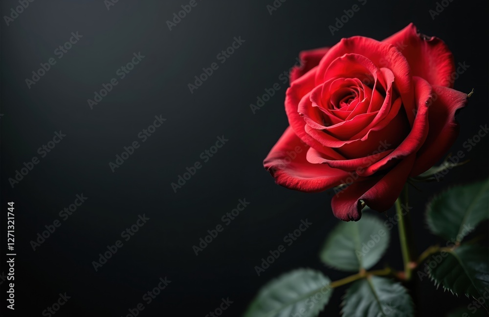 Elegant red rose on black background. Valentine gift romantic blossom close-up. Perfect wedding anniversary card present. Floral beauty racked fresh garden bloom. Decoration for holiday bunch, Elegant red rose on black background. Valentine gift romantic blossom close-up. Perfect wedding anniversary card present. Floral beauty racked fresh garden bloom. Decoration for holiday bunch,