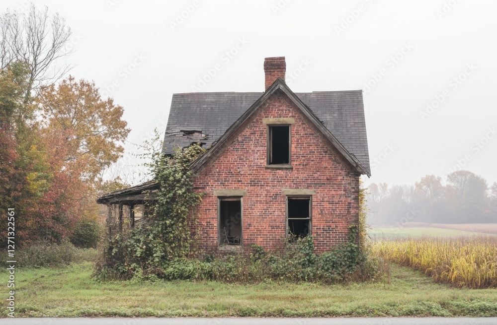 Old brick house with overgrown plants in rural landscape Old brick house with overgrown plants in rural landscape