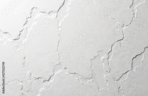 Close-up of textured cracked white wall surface. Concrete plaster background. Smooth, rough, bright surface. Interior decor architecture. Simple, minimal, modern aesthetic with light, shadow, home