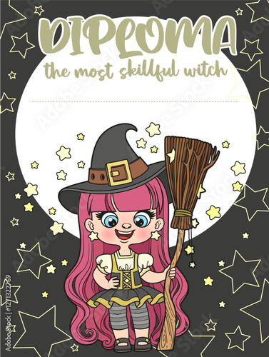 Diploma for the most skillful witch with a cute witch with broom against the backdrop of the full moon and stars