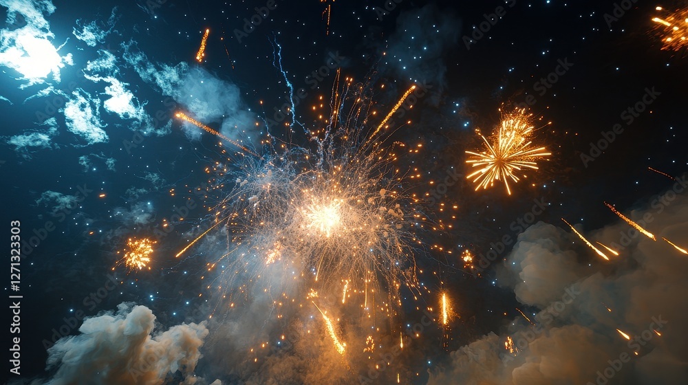 Fototapeta premium Large colorful fireworks display illuminating the night sky over a cityscape