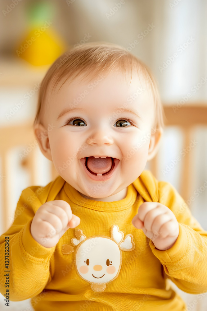 Happy baby laughing in crib, home interior Happy baby laughing in crib, home interior