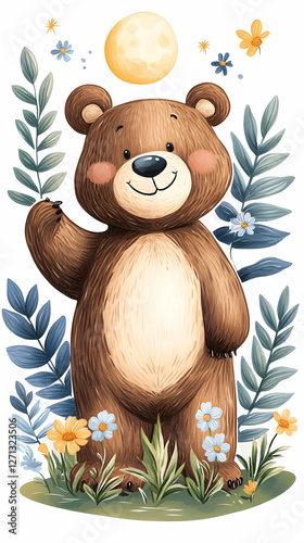 Happy bear waving, moonlit meadow, floral background, children's book illustration