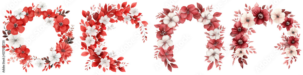 Fototapeta premium Exquisite floral wreath garland and bouquet designs featuring vibrant red and white flowers leaves and foliage These beautiful natural arrangements are perfect for decorating special occasions