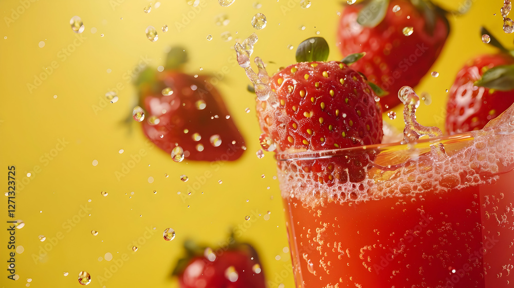 Refreshing strawberry drink splashing in a glass with vibrant yellow background and berries Refreshing strawberry drink splashing in a glass with vibrant yellow background and berries