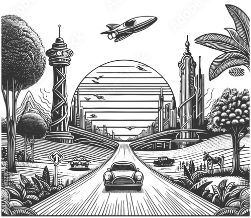 surreal landscape blending rural scenery with futuristic elements, rocket launch, classic car, and advanced city structures sketch engraving generative ai vector. Scratch board. Black and white.